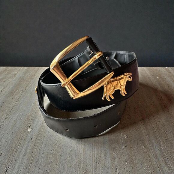 Vintage 80s Whimsical Cow Charm Belt - Black Faux Leather Western Waist Belt main image 8